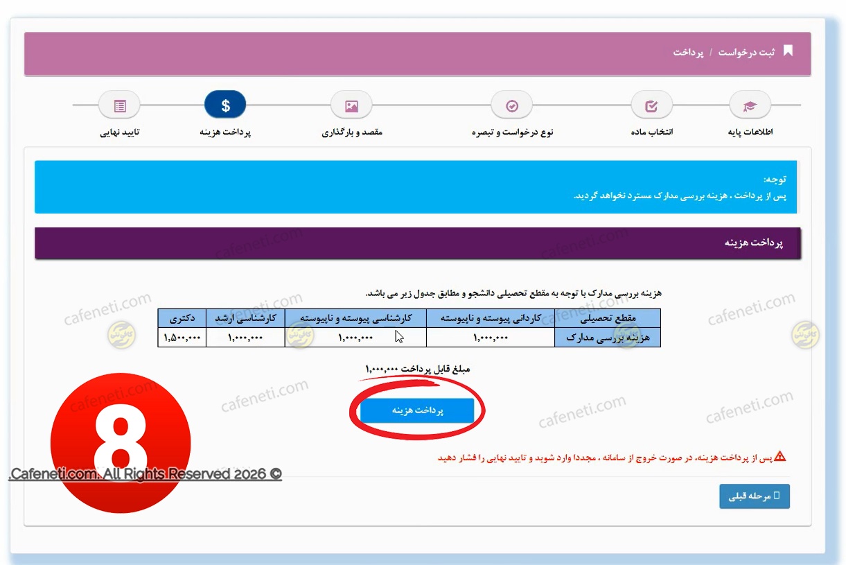 پرداخت هزینه درخواست در سامانه منادا