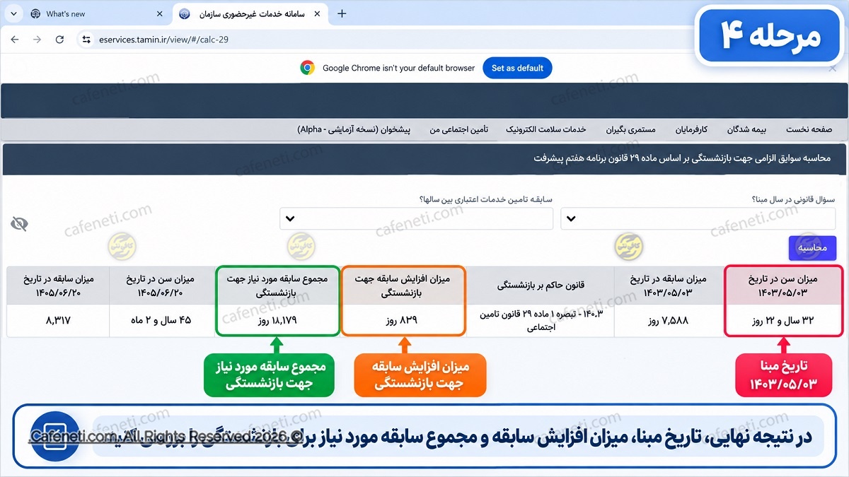 نتیجه محاسبه زمان بازنشستگی و سنوات مورد نیاز تامین اجتماعی